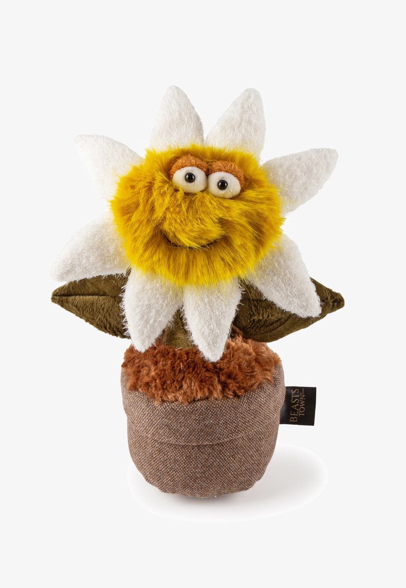 Plush toy flower with white petals, yellow furry center with eyes and smile, green leaves, and brown textured pot.