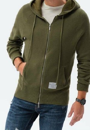 Homme portant un sweat à capuche zippé vert olive par-dessus une chemise rayée, un jean déchiré bleu et une montre au poignet gauche.