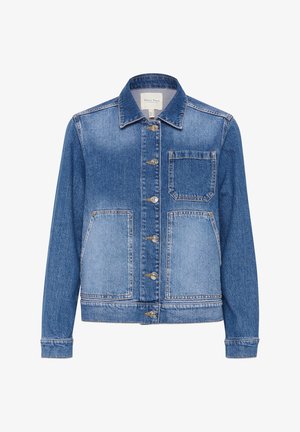 Jakna od trapera svijetlo plave boje; sadrži ovratnik, srebrne gumbe, dva prednja džepa i malo skraćeni rub. Teksturirana tkanina s detaljima šavova.