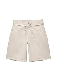 Beige denimshorts med dragsko i midjan, två framfickor och en slät yta. Klassisk rak passform med subtila sömnadsdetaljer.