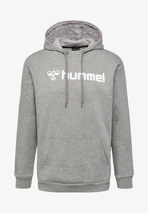 Szara bluza z kapturem wykonana z mieszanki bawełny, z dużym białym logo, sznurkami, kieszenią typu kangurka oraz ściągaczami na mankietach i u dołu.