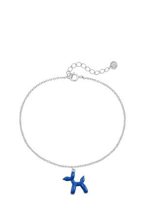 Bracciale in argento con pendente a forma di cane palloncino blu, finitura liscia e chiusura a moschettone con un breve prolungamento regolabile.