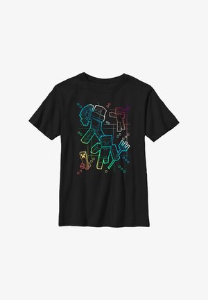 T-shirt noir avec un design graphique coloré en pixels représentant des personnages et des outils, avec des lignes aux couleurs de l'arc-en-ciel et des détails géométriques.