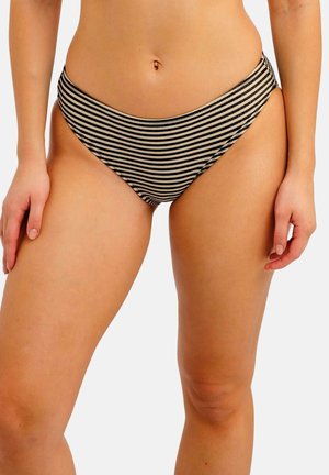 Bas de bikini rayé noir et crème avec une coupe taille haute, une texture de tissu douce et une ceinture élastique.