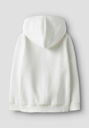 Witte sweatvest met capuchon, zachte textuur, geribbelde manchetten en zoom, en een geronde capuchon, met een eenvoudig en minimalistisch ontwerp.