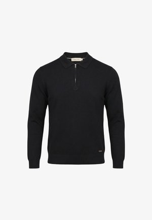 Maglione nero a maniche lunghe con colletto e cerniera frontale, con una piccola etichetta del marchio vicino all'orlo.