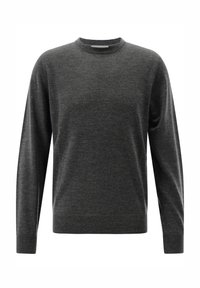 Grauer Langarmpullover mit Rundhalsausschnitt. Aus weichem Stoff gefertigt, mit klassischer Passform und gerippten Bündchen und Saum. Einfaches Design, ohne Muster.