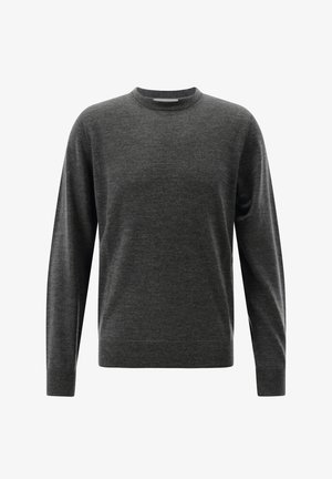 Grauer Langarmpullover mit Rundhalsausschnitt. Aus weichem Stoff gefertigt, mit klassischer Passform und gerippten Bündchen und Saum. Einfaches Design, ohne Muster.