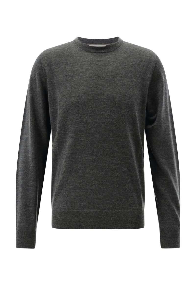 Grauer Langarmpullover mit Rundhalsausschnitt. Aus weichem Stoff gefertigt, mit klassischer Passform und gerippten Bündchen und Saum. Einfaches Design, ohne Muster.