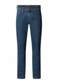 Temno modri jeans z ravnim krojem nogavic, opremljeni z gumbom, pasom za pas in sprednjimi žepi. Gladka tekstura z rahlimi madeži.