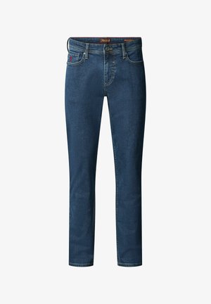 Dunkelblaue Jeans aus Denim mit geradem Bein, ausgestattet mit einem Knopfverschluss, Gürtelschlaufen und Fronttaschen. Glatte Textur mit dezenten Verwaschungen.
