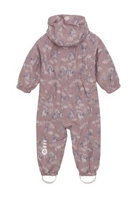 Rosa vattentålig overall med ett unicorn-mönster med moln och regnbågar. Designad med ett elastiskt midjeband och fotremmar för passform.