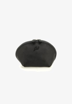 Pochette cosmetica nera in pelle, di forma arrotondata, con chiusura a zip, superficie testurizzata e logo in rilievo sulla parte anteriore.