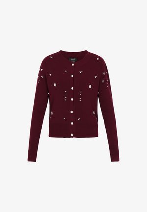 Bordeaux cardigan met ribbelstructuur, parelknopen en verspreide bloemversieringen. Voorzien van lange mouwen en een ronde halslijn.