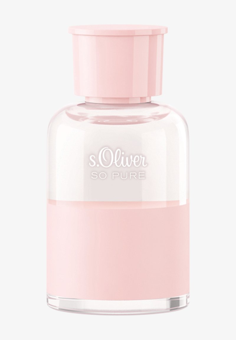 Flacon de parfum en verre clair contenant un liquide rose pâle avec un bouchon rose assorti, étiqueté "s.Oliver SO PURE."