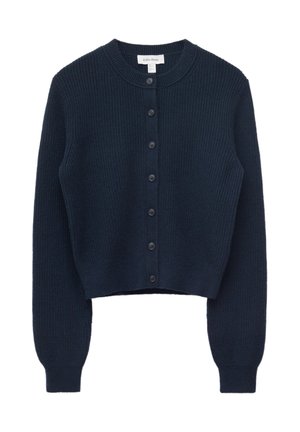 Dark navy blue ribbed knit cardigan with long sleeves, round neckline, and front button closure with seven buttons.