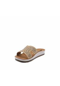 Infradito beige con motivo decorativo di strass, punta aperta, soletta imbottita e suola bianca a piattaforma con grip testurizzato.