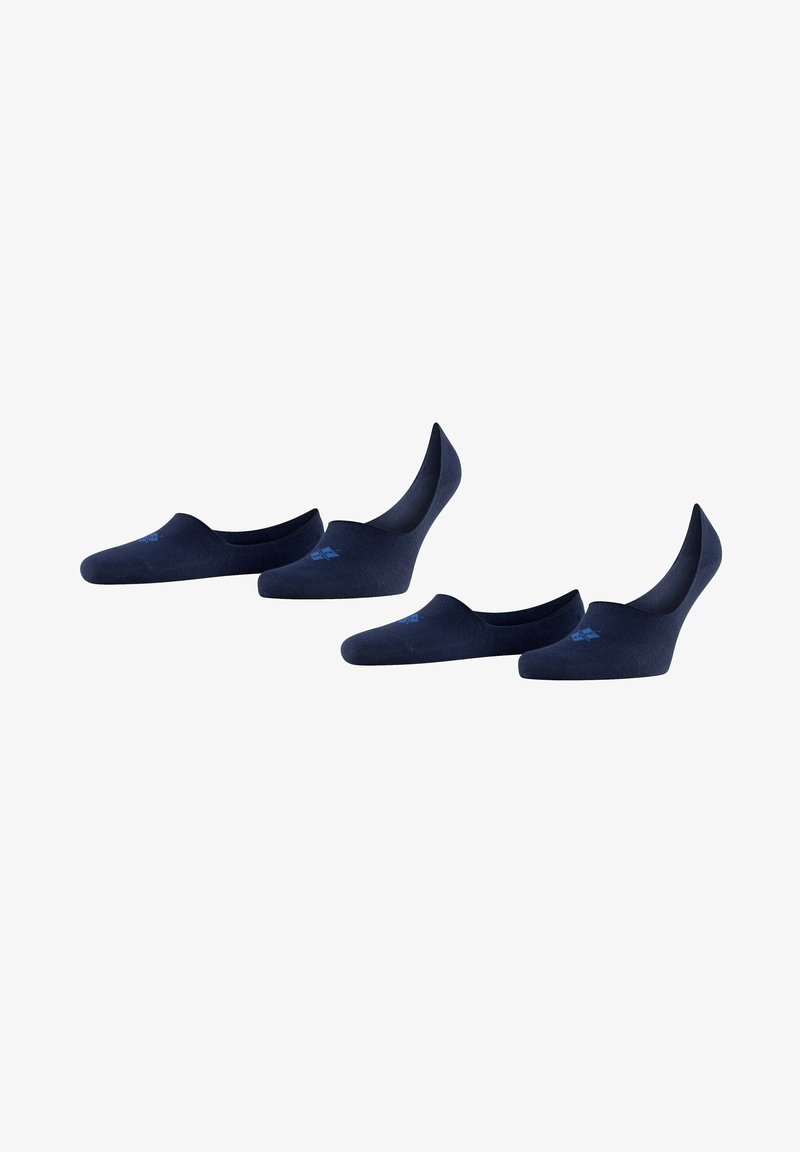 Chaussettes basses bleu marine avec une texture lisse et un design minimaliste. Équipées d'un petit logo sur la partie supérieure. Ajustement extensible qui épousent les chevilles.