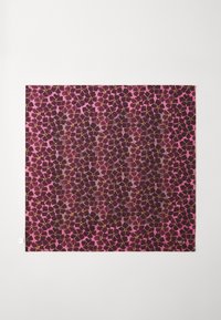 Silk square scarf featuring a geometric floral pattern in shades of dark purple and pink, accented with yellow details. Smooth texture.
