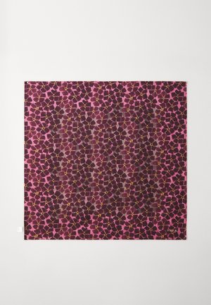Silk square scarf featuring a geometric floral pattern in shades of dark purple and pink, accented with yellow details. Smooth texture.