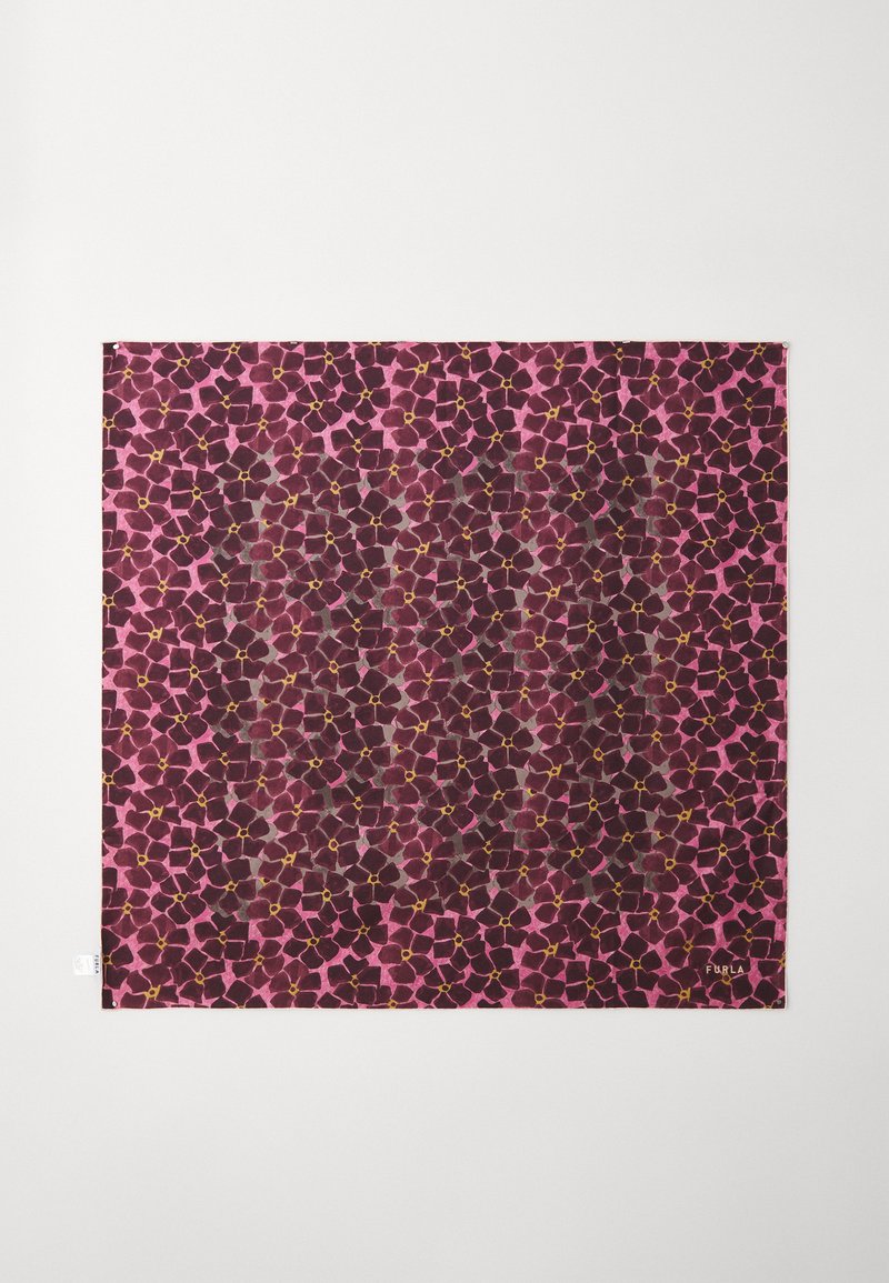 Silk square scarf featuring a geometric floral pattern in shades of dark purple and pink, accented with yellow details. Smooth texture.