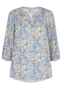 Blusa floreale in blu chiaro, con scollatura a V, maniche a ¾ e un motivo ripetuto di fiori in tenui tonalità di rosa e accenti marroni.