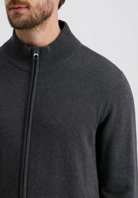 Grijze zip-up trui met een geribde kraag, een gladde textuur en een frontale rits. Ontworpen voor een getailleerde pasvorm met lange mouwen.