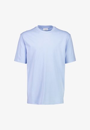 Lyseblå T-shirt med korte ærmer og rund hals, med et enkelt design og en lille hvid label inde i kraven.