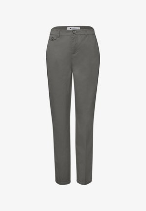 Pantalon gris à jambe droite avec fermeture à bouton, poches latérales, passants de ceinture, et une petite poche boutonnée sur la ceinture.