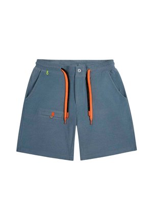 Shorts décontractés bleus avec taille élastique, deux poches avant, cordons orange et noirs, et une petite poche boutonnée sur le côté gauche.