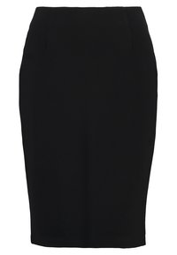 Black pencil skirt made of smooth fabric, knee-length, with a straight silhouette and no visible fastenings or embellishments.