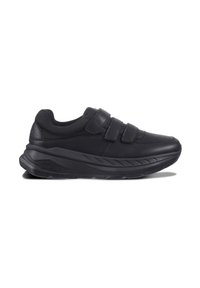 Svarta sneakers med en texturerad läderöverdel och breda kardborreband. Har en tjock, vadderad sula med ett subtilt vågmönster.
