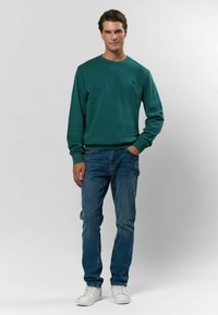 Zaļš džemperis ar apaļu kakla izgriezumu, ribotām piedurknēm un apakšmalu; apvienots ar ziliem džinsiem un baltiem sporta apaviem. Vienkāršs dizains, vienkrāsains.