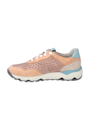 Sneaker featuring a combination of tan and light brown suede, white laces, light blue accents, and perforated detailing on the upper.