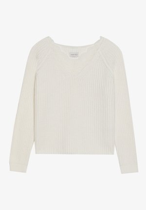 Pull en tricot blanc avec un col en V, texture côtelée, manches longues et détail en dentelle festonnée au niveau du col.