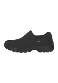 Schwarze Slippers aus Wildleder mit elastischen Seitenpaneelen, einer strukturierten Gummisohle und dezenten Nähdetails entlang des Obermaterials.