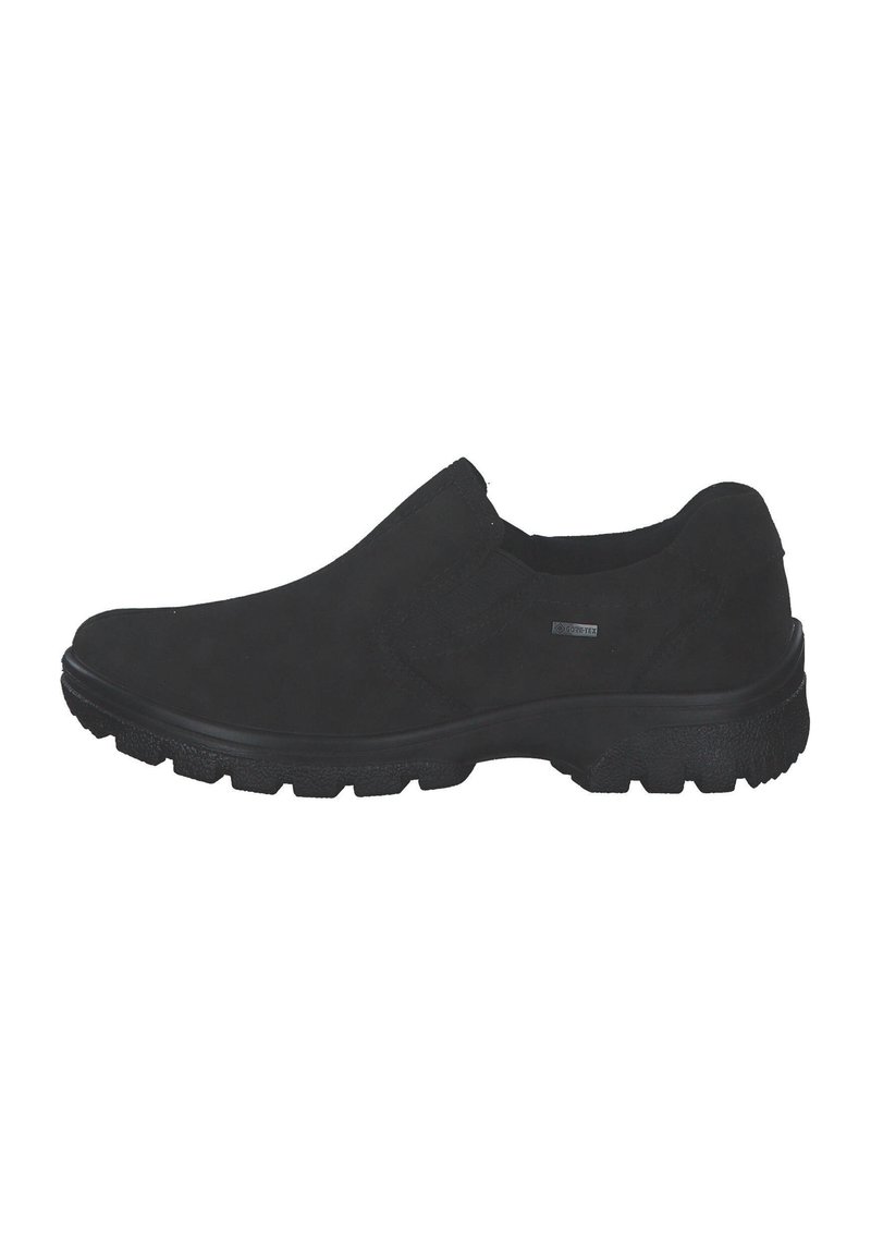 Schwarze Slippers aus Wildleder mit elastischen Seitenpaneelen, einer strukturierten Gummisohle und dezenten Nähdetails entlang des Obermaterials.