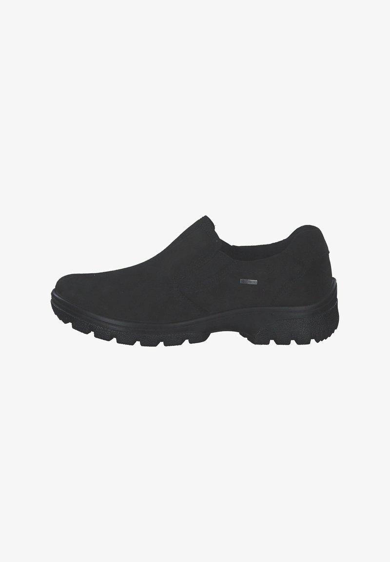 Schwarze Slippers aus Wildleder mit elastischen Seitenpaneelen, einer strukturierten Gummisohle und dezenten Nähdetails entlang des Obermaterials.