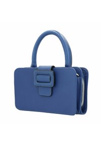 Blue leather handbag with a structured rectangular shape, featuring a top handle, a large buckle detail, and a zippered side pocket.