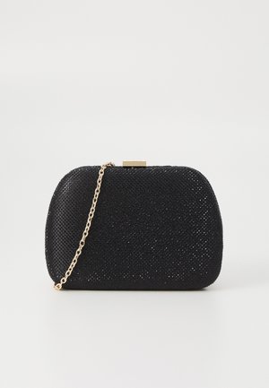 Melnā somiņa ar teksturētu virsmu un metalizētām sparkļiem. Tai ir zelta ķēdes siksna un taisnstūra aizdare.