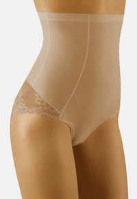 Beige high-waisted shapewear met doorzichtige kanten zijpanelen, een gladde textuur en zichtbare stikseldetails. Biedt bedekking en ondersteuning.