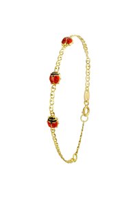 Gouden kettingarmband met drie rode lieveheersbeestje-charms met zwarte accenten, een gladde textuur en een veilige sluiting.