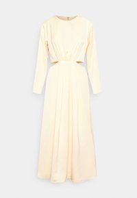 Kermansävyinen pitkähihainen mekko, jossa pyöreä pääntie, kerrostettu vyötärö, sivuissa leikatut aukot ja hulmuava helma. Sileä kangaspinta.