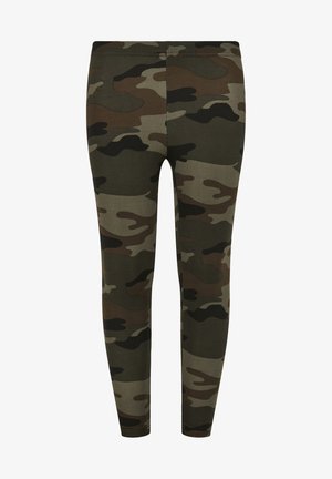 Leggings camuflate dintr-un amestec de bumbac, având nuanțe de verde, maron și negru. Concepute pentru o potrivire strânsă și o textură netedă, sunt potrivite pentru ținute casual.