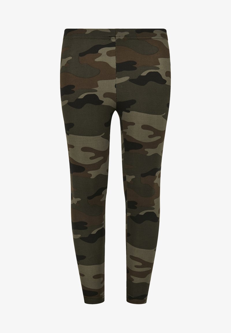 Leggings de camuflaje en mezcla de algodón, con tonos de verde, marrón y negro. Diseñados con un ajuste ceñido y una textura suave, adecuados para el uso diario.