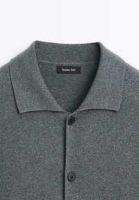 Cardigan gris en maille avec un col plié et deux boutons noirs, affichant une étiquette Massimo Dutti à l'intérieur du col.