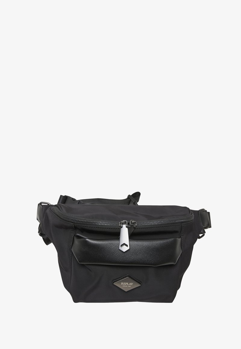 Sac banane noir avec poche avant, tirettes de fermeture éclair argentées, sangle réglable et patch logo "Replay" au centre avant.