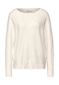 Maglione bianco con scollatura rotonda, spalle cadenti e polsini a coste. Texture morbida con vestibilità ampia e dettagli di design minimi.
