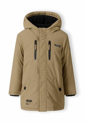 Veste isolée beige avec une capuche noire, fermeture éclair à l'avant, deux poches zippées et des accents de logo. Elle présente un tissu lisse avec une finition mate.