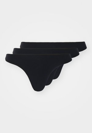 Black thong underwear set, featuring soft fabric, a thin elastic waistband, and minimal coverage design. Set includes three pairs.